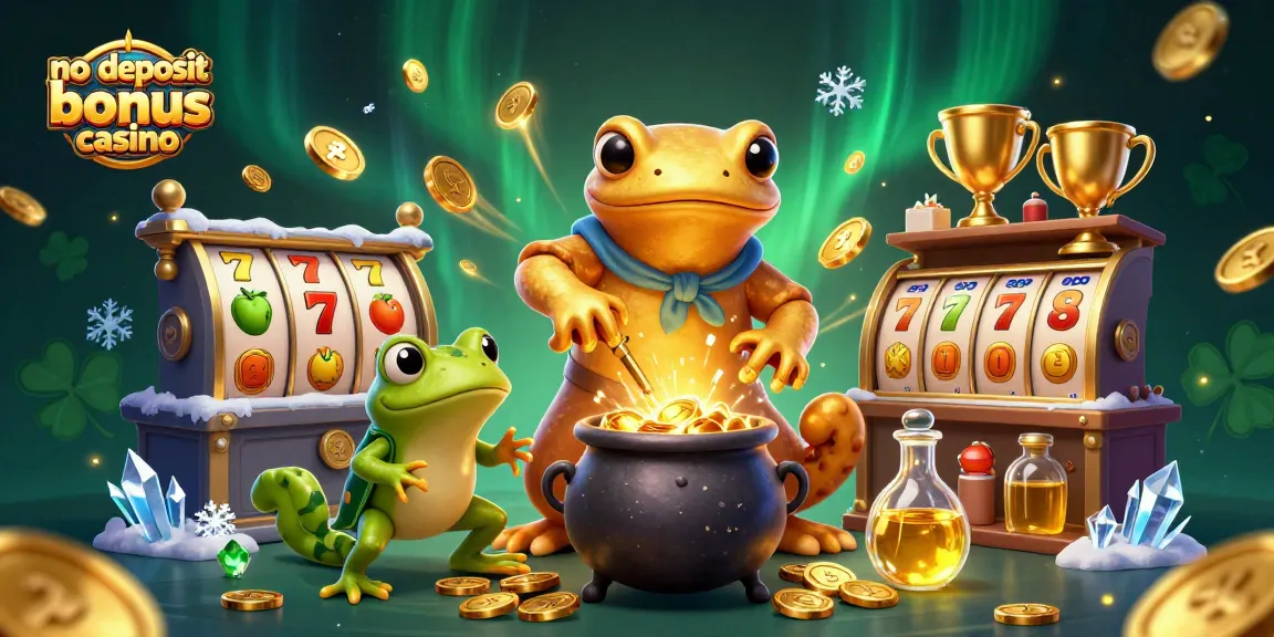 Engage with a no deposit bonus casino scene featuring animated alchemists and gold coins.