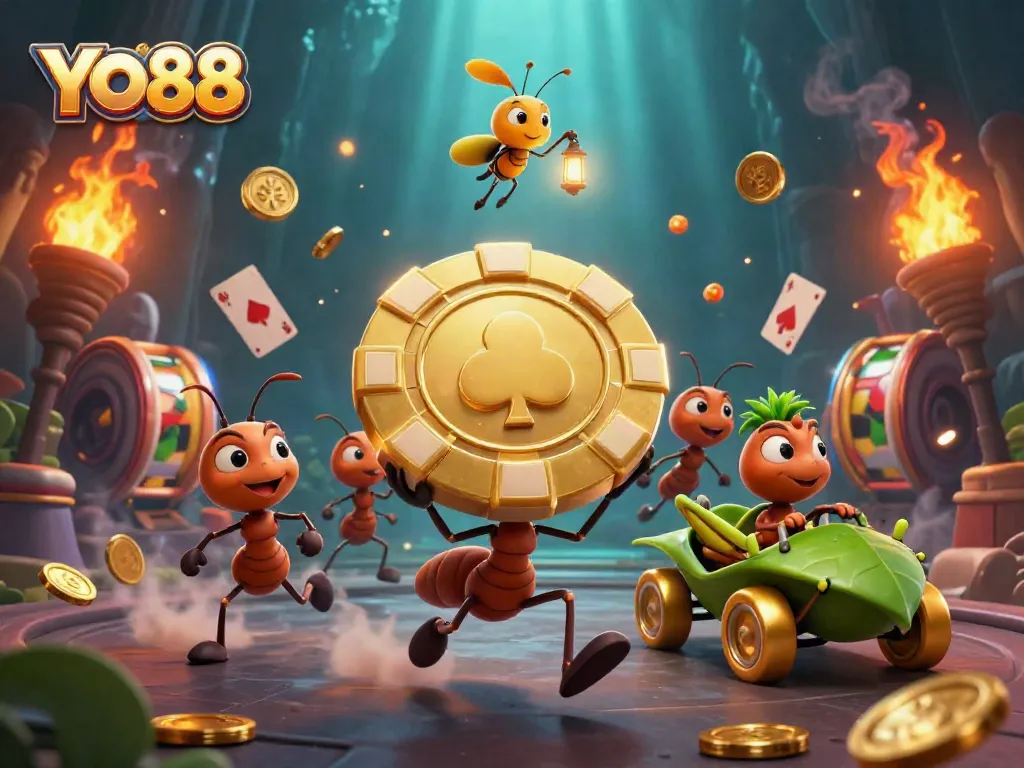 YO88 showcases ants engaged in a casino heist, surrounded by vibrant gambling elements.