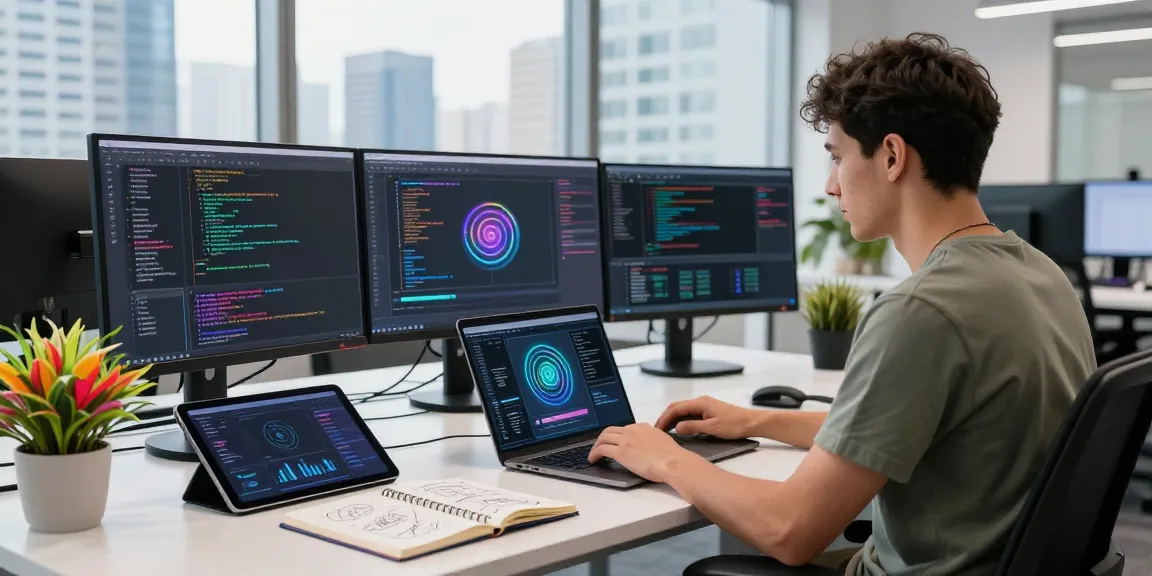 Developer focused on crushon ia AI coding in a modern workspace with vibrant screens and city views.