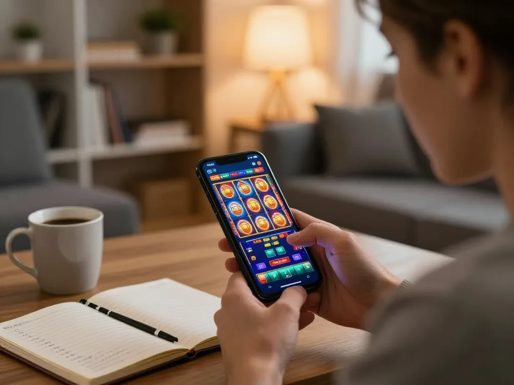 Engaging with Jun88 đăng nhập on mobile device in a cozy home atmosphere while enjoying online gambling.