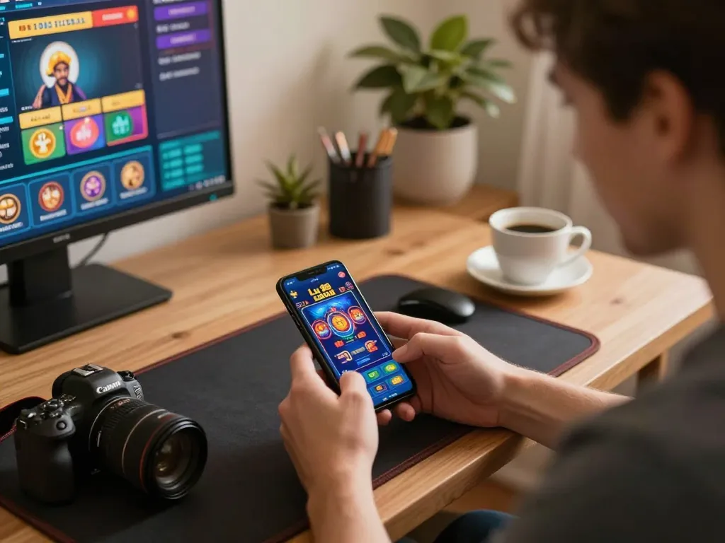 Player engaging with Lu 88 casino app on smartphone in a cozy home office setting