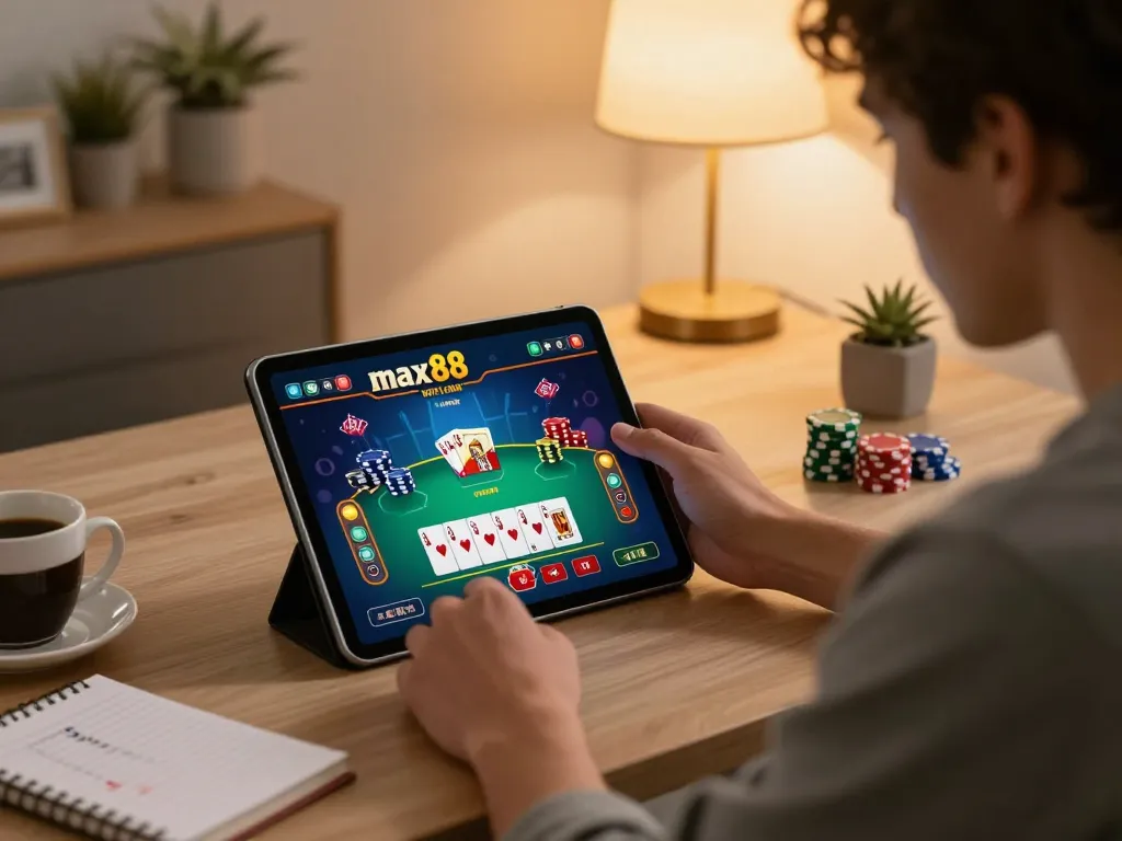 Playing poker on max88 app at home, showcasing a cozy and strategic gaming environment.