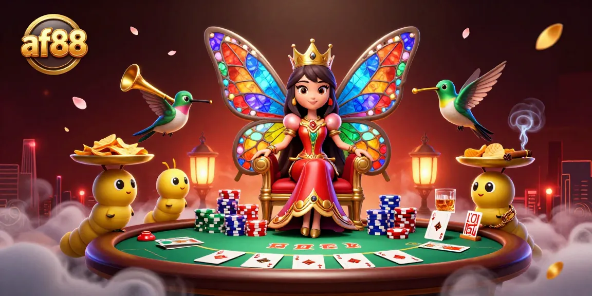 Experience AF88's vibrant casino atmosphere amidst a captivating butterfly queen and poker elements.