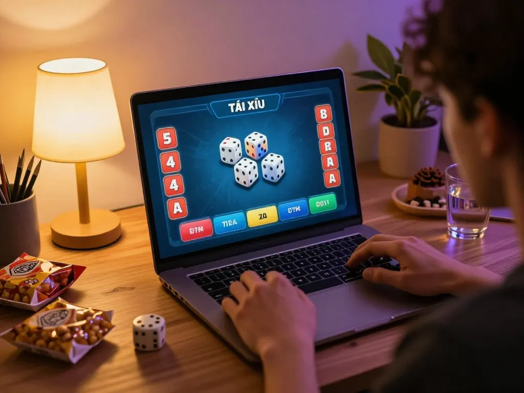 Tài xỉu 10 online gaming experience showing player betting at home, engrossed in dice gameplay.