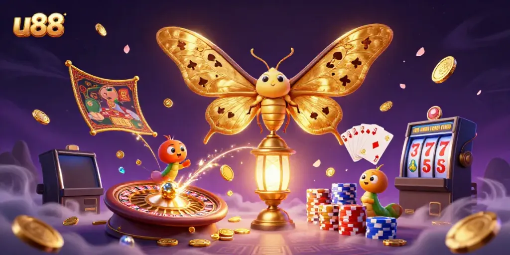 Play exciting casino games at u88 with enchanting visuals featuring golden coins and vibrant moths.