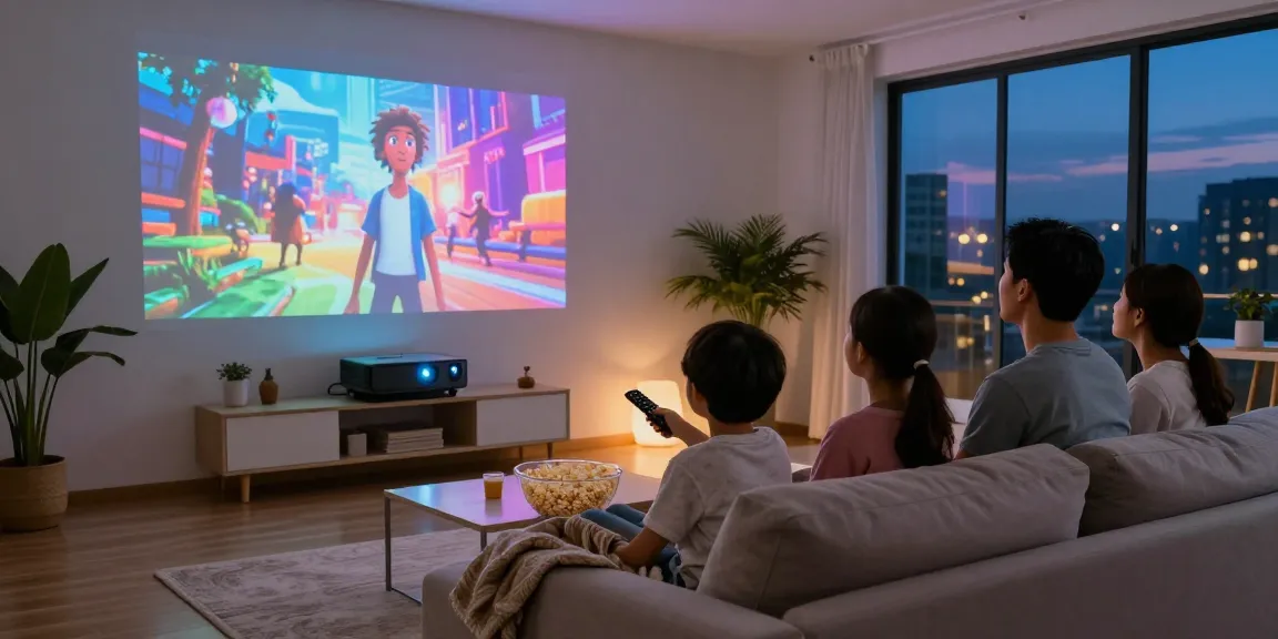 Proiector LED utilizat într-un living modern, creând o atmosferă plăcută de film pentru familie.