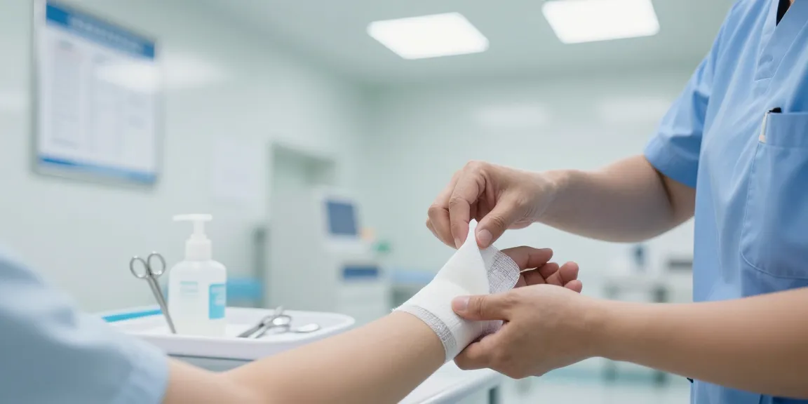 Applying medical gauze to a patient's arm in a clean healthcare setting.