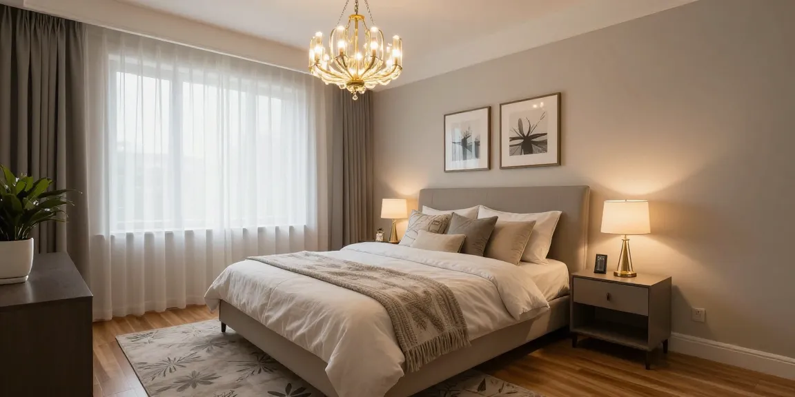 Candelabru dormitor elegant într-un interior modern, iluminând un pat confortabil cu așternuturi rafinate.