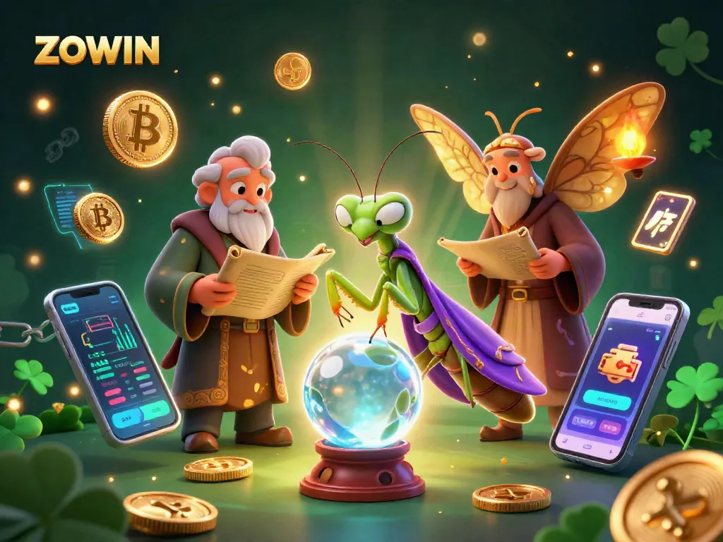 Play exciting casino games with ZOWIN in a vibrant 3D illustration featuring mystical fortune tellers and digital currency.