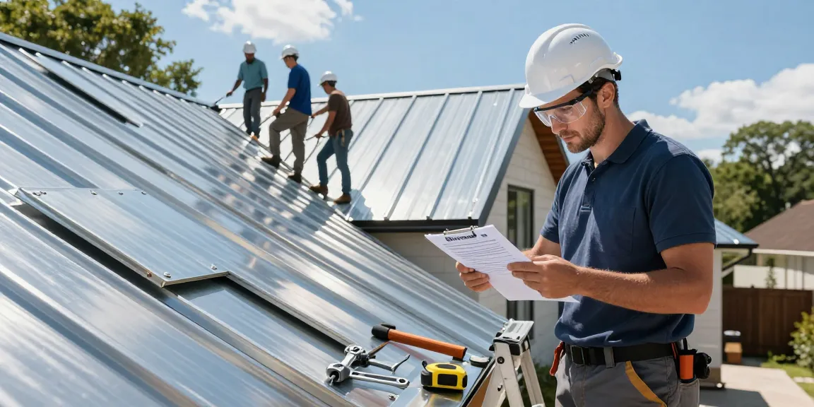 Choosing a metal roof company: Contractor reviewing installation with metal panels and tools, sunny residential setting.