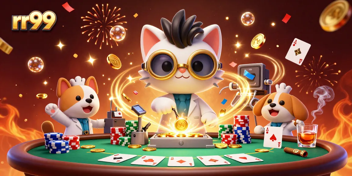 Game for rr99 with cartoon scientist and dog creating gold coins amidst poker elements