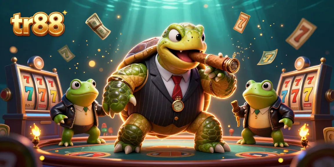 Play immersive casino games at tr88 with a dynamic scene featuring a vintage mobster turtle and lively bullfrog enforcers.