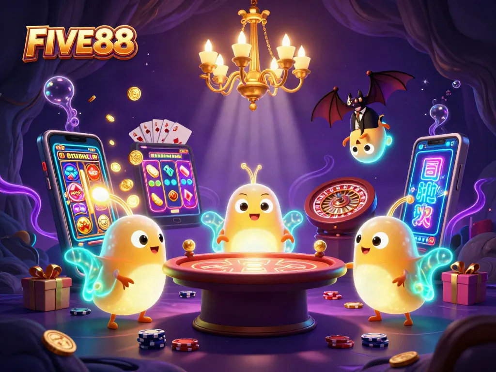 Engage with FIVE88's immersive casino experience featuring vibrant glowworms and exciting games.