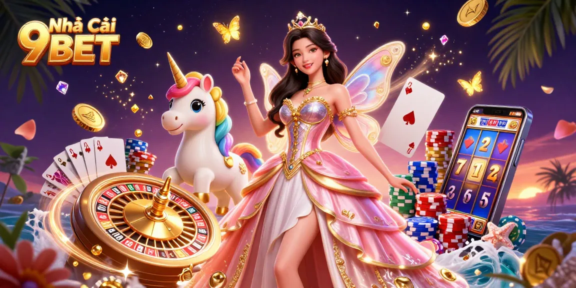 Experience the thrill of Nhà Cái 9BET with vibrant 3D illustration showcasing magical gambling elements.