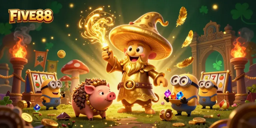 Experience thrilling gameplay with FIVE88's magical 3D casino adventure illustration featuring golden treasures.