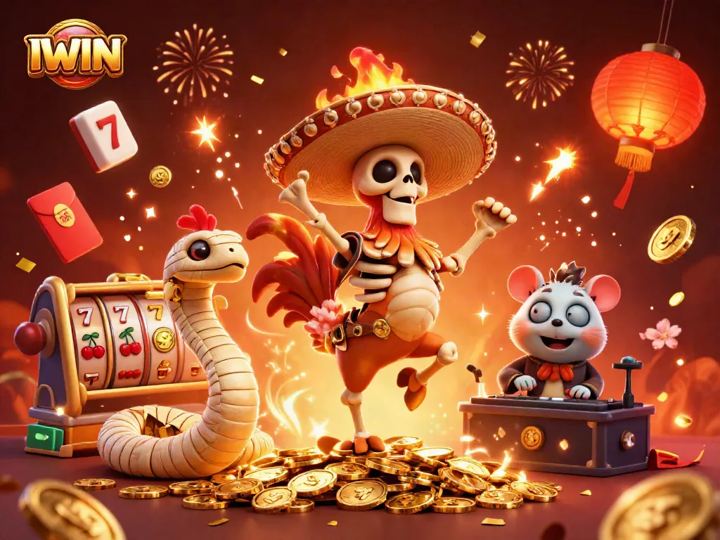 IWIN highlights thrilling slots gameplay with lively cartoon characters celebrating a jackpot in a festive atmosphere.