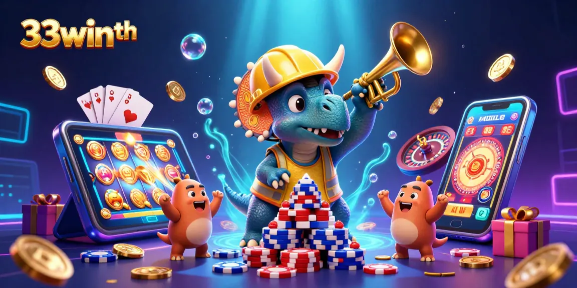 33winth showcases lively gaming with a triceratops building chips, celebrating wins with vibrant casino elements.