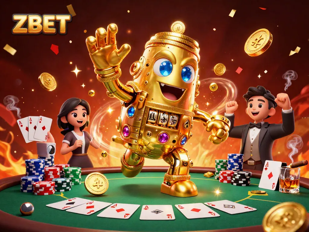 ZBET captivates players with vibrant casino action amidst a golden golem and poker excitement