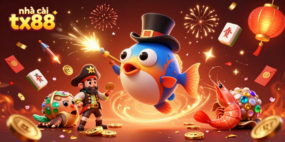 Experience excitement with nhà cái tx88 as anglerfish and sea creatures celebrate with golden coins and fireworks.