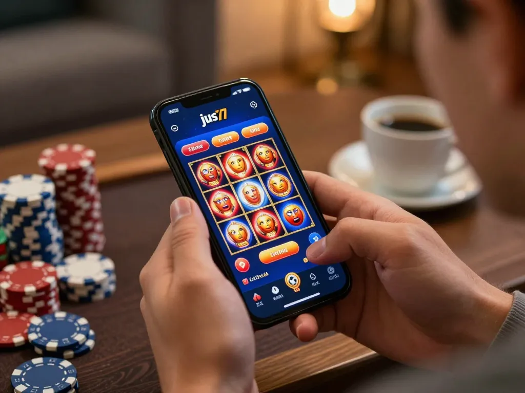Engaging player using the jus77 app for online slots with vibrant graphics in a cozy setting.