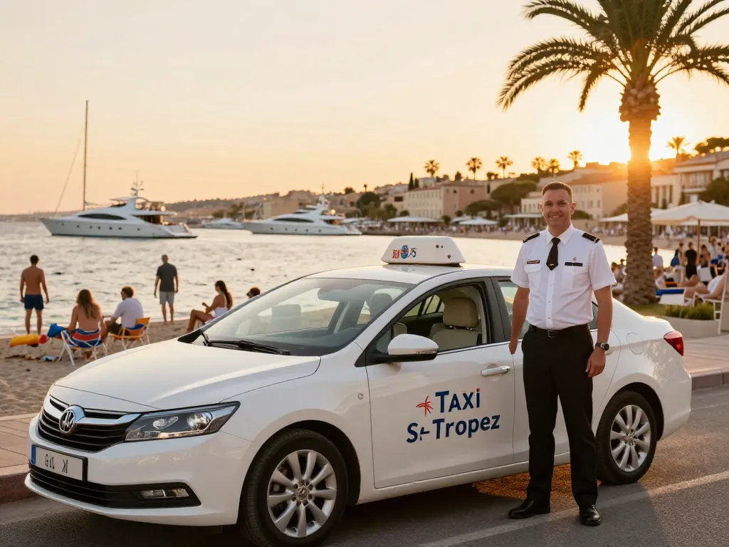 Le chauffeur de Taxi St Tropez à côté d'un taxi de luxe au coucher du soleil sur la plage