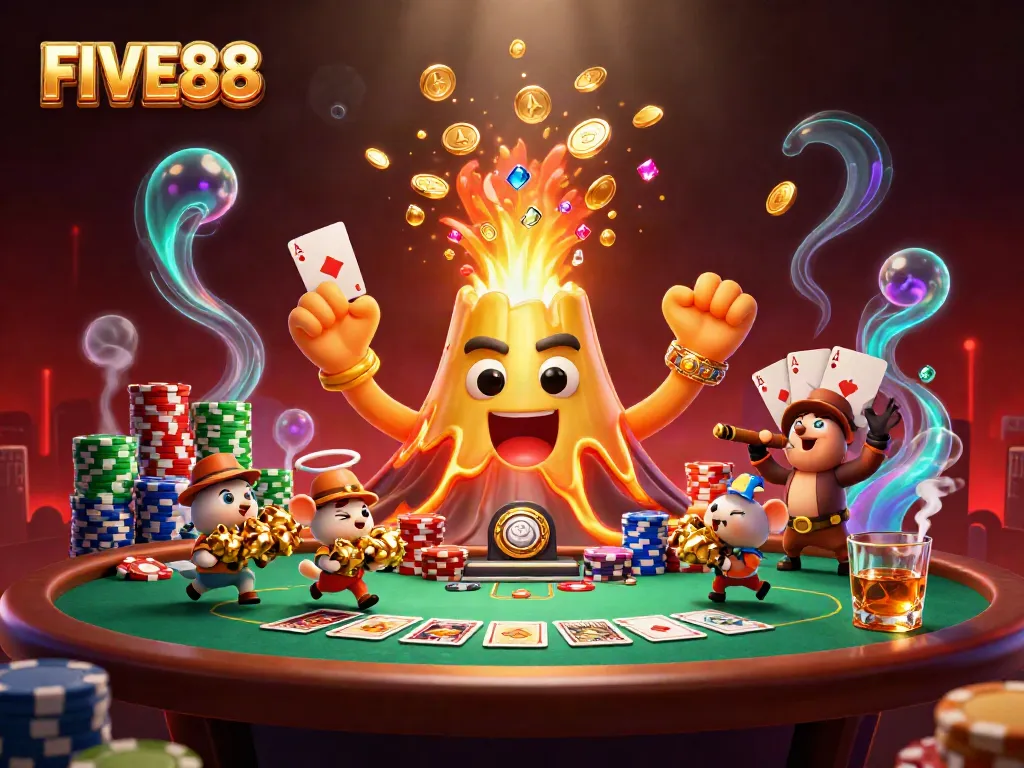 Experience the thrill of FIVE88 with a vibrant casino scene featuring a golden volcano and treasure-fleeing animals.