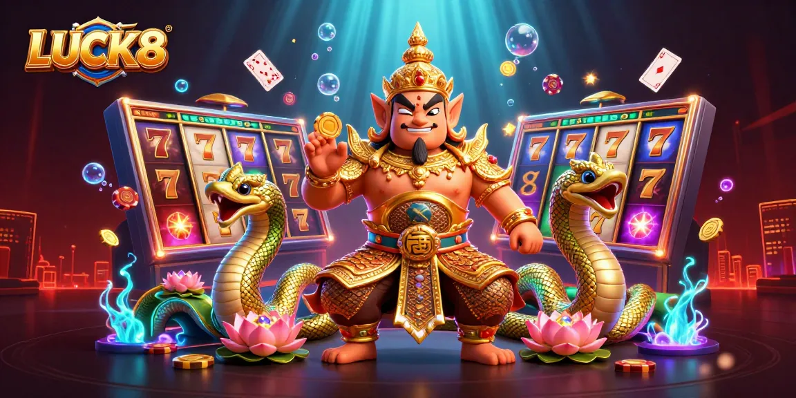 Experience thrilling gameplay with LUCK8's vibrant 3D casino scene filled with spinning slot machines and joyful characters.