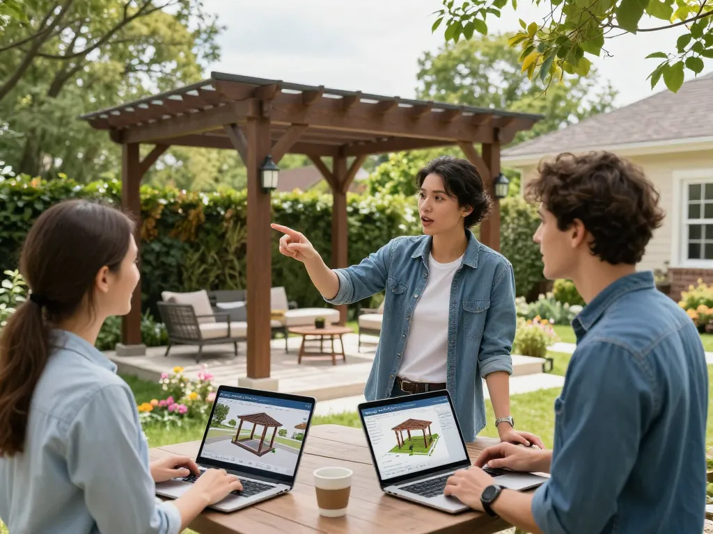 Team using Pergola Sales Software to visualize custom pergola designs in an outdoor setting.
