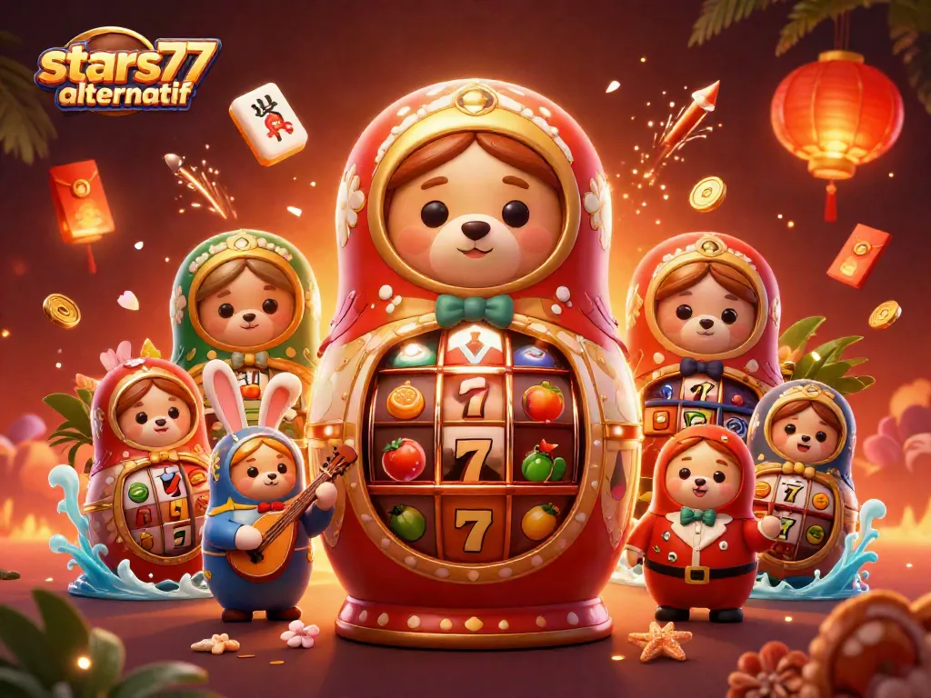 Berpartisipasi dalam permainan slot di stars77 alternatif dengan dealer cantik dalam ilustrasi berwarna-warni.