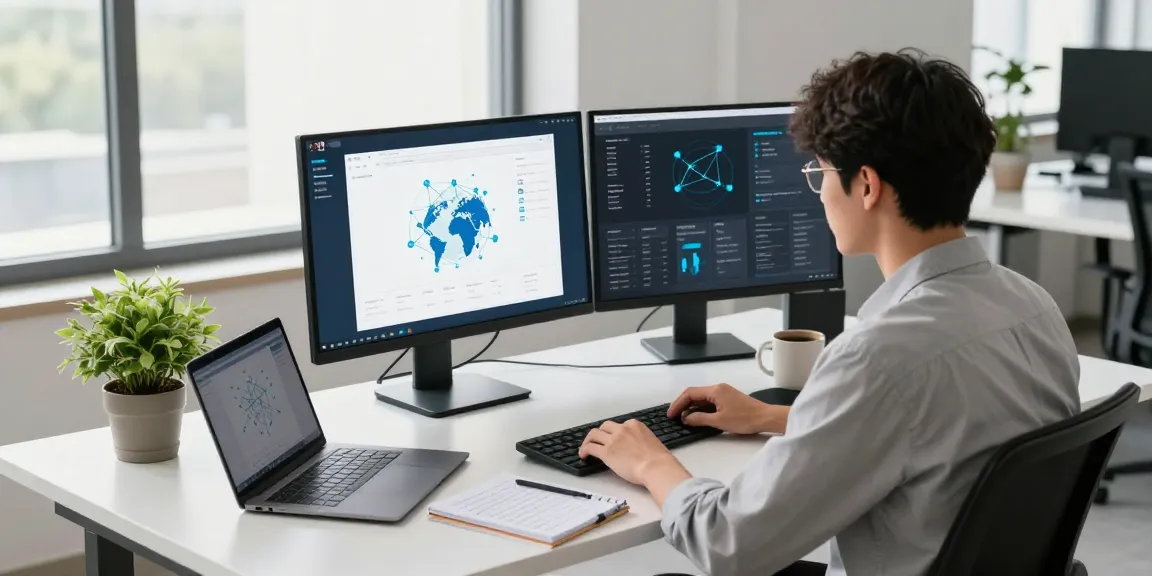Configuring the 快连 VPN software in a modern tech workspace with multiple screens and productivity tools.