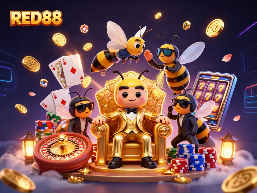 Watch the RED88 bumblebee mob boss amid cascading coins and dazzling gaming elements.