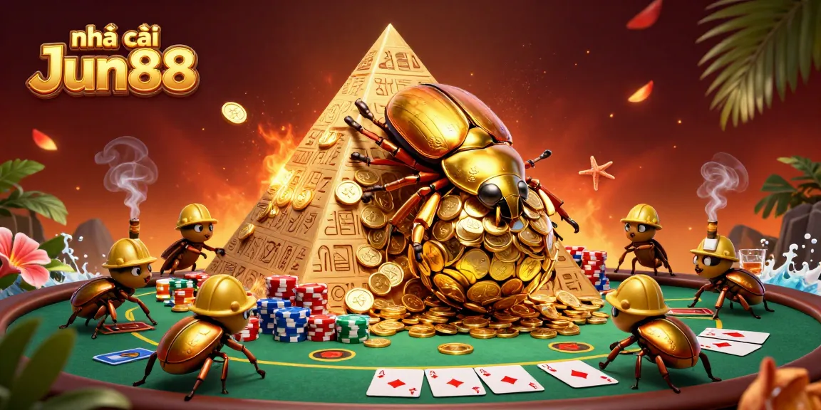 Join the exhilarating experience of Nhà cái Jun88 with a vibrant casino scene featuring golden treasures and poker dynamics.
