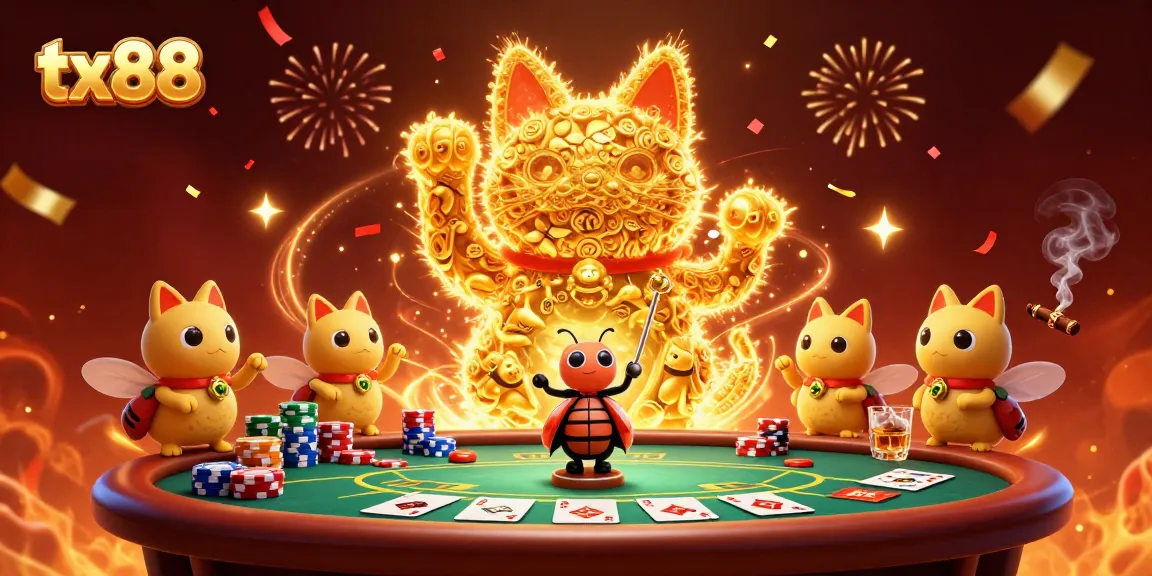 Engage with tx88’s vibrant casino scene featuring golden lucky cat and dynamic symbols.