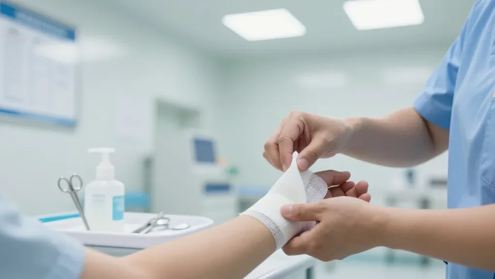 Applying medical gauze to a patient's arm in a clean healthcare setting.