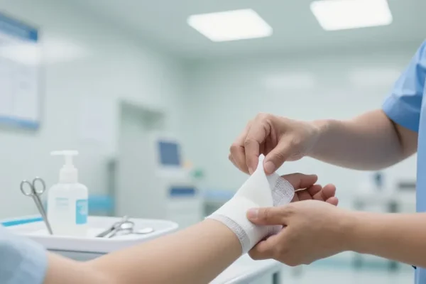 Applying medical gauze to a patient's arm in a clean healthcare setting.